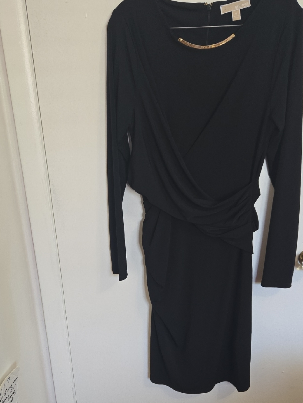 Michael Kors Black Long-Sleeve Draped Sheath Dress with Gold Accent